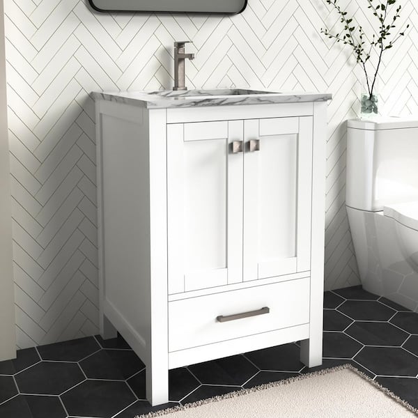 Anneliese 24 in. W x 21 in. D x 35 in. H Single Sink Freestanding Bath Vanity in Matte White with Carrara Marble Top