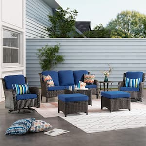 Moonlight Brown 7-Piece Wicker Patio Conversation Seating Sofa Set with Navy Blue Cushions and Swivel Rocking Chairs