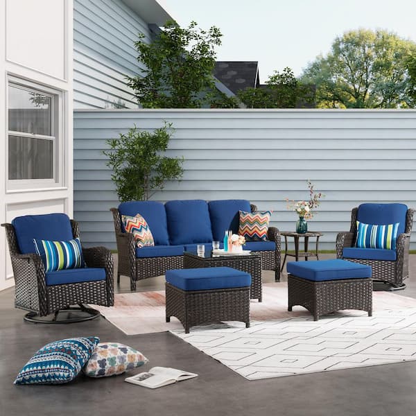 XIZZI Moonlight Brown 7-Piece Wicker Patio Conversation Seating Sofa Set with Navy Blue Cushions and Swivel Rocking Chairs