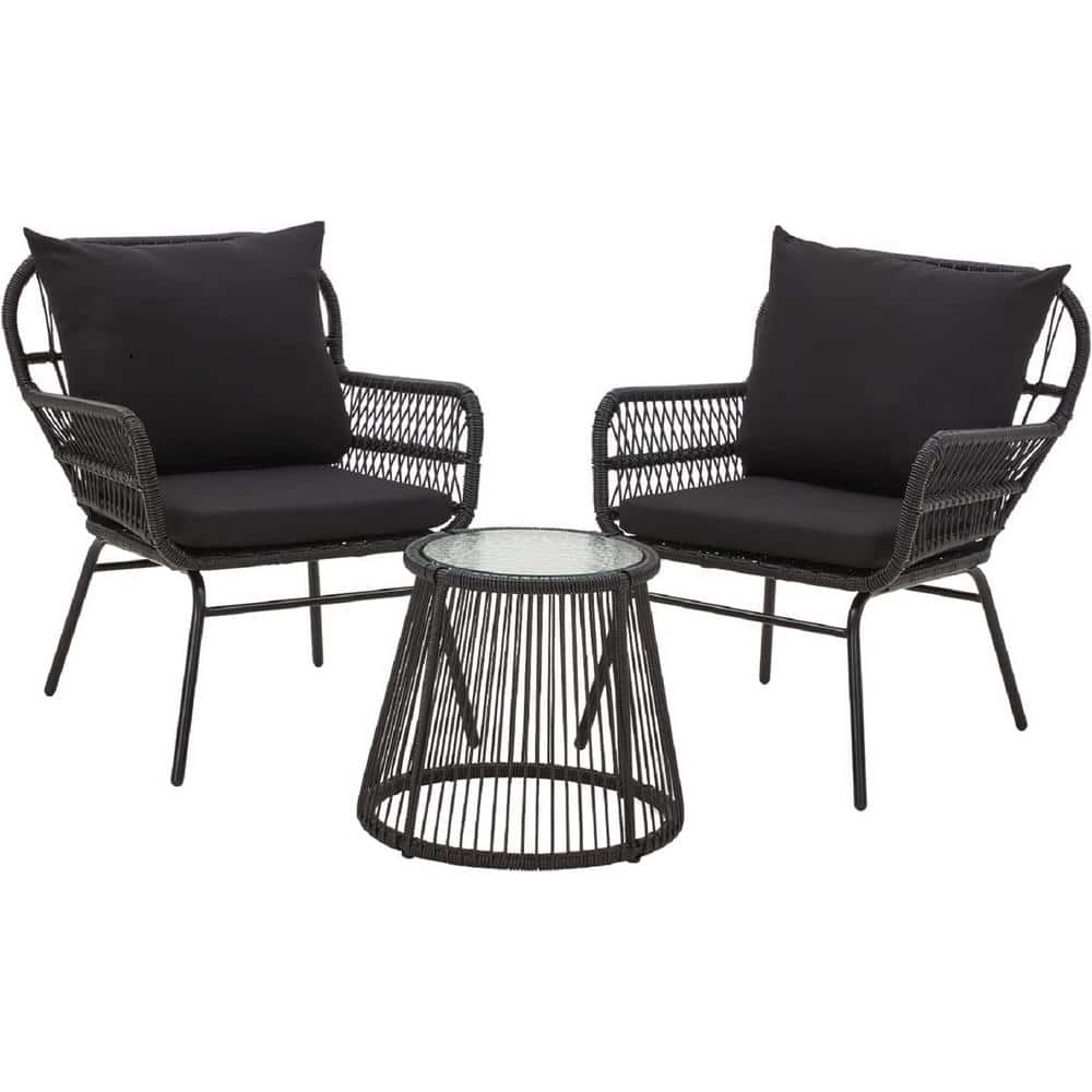 3-Piece Serenity Series Coastal Black Frame Wicker Round Outdoor Bistro Set