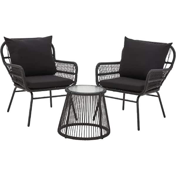 Unbranded 3-Piece Serenity Series Coastal Black Frame Wicker Round Outdoor Bistro Set with Cushions, Black
