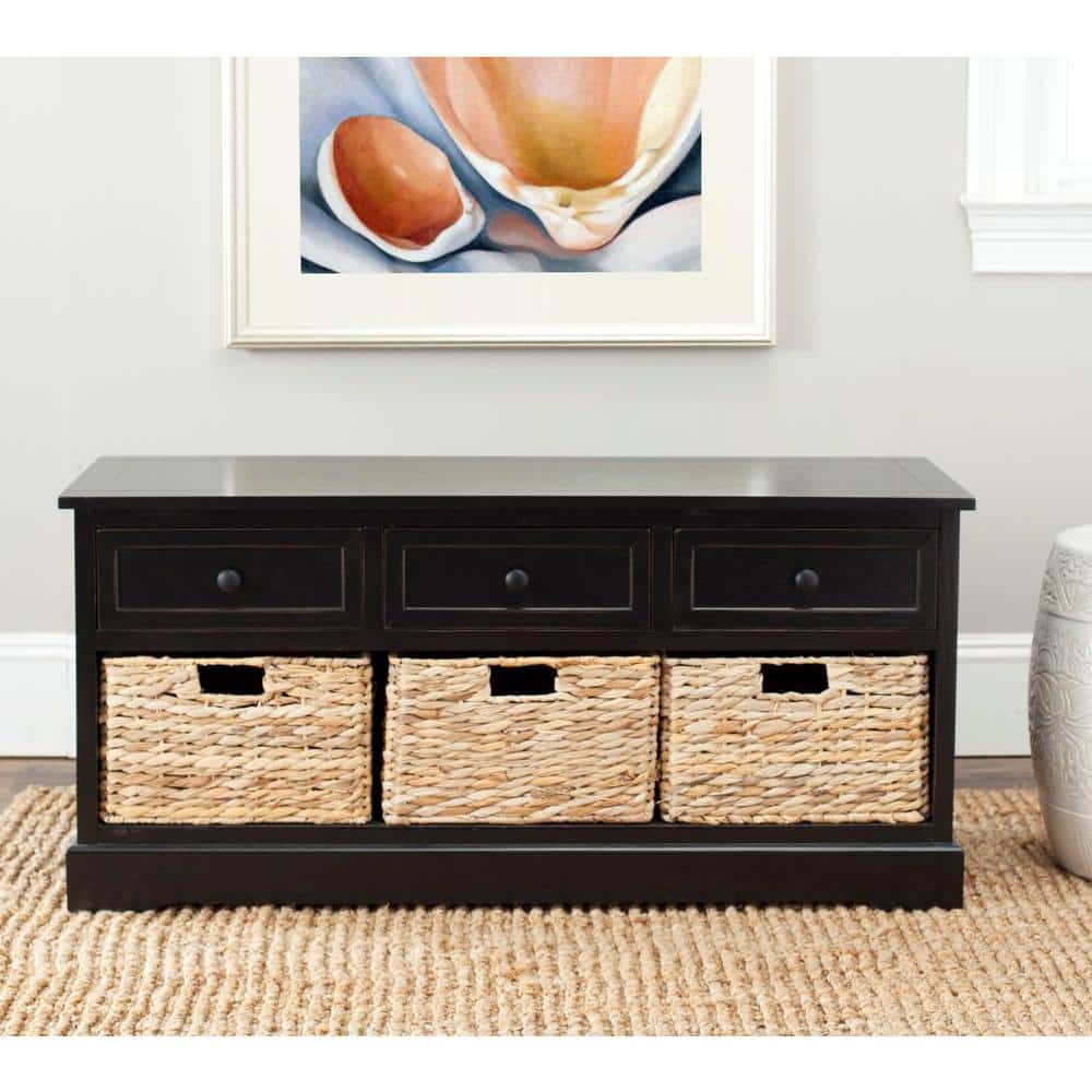 Transitional Gray Pine Wood Storage Bench with Wicker Baskets