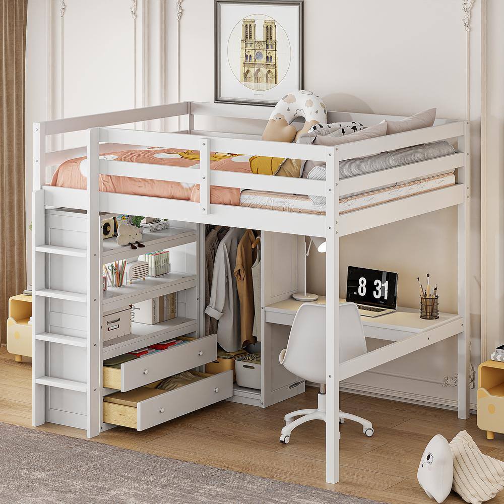 White Full Size Loft Bed with Wardrobe, Desk, Drawers, Shelves