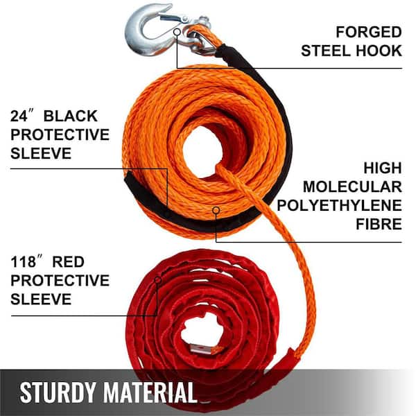 Orange Synthetic Winch Rope 100 ft. x 3/8 in. Winch Line Cable with G70  Hook 18,740 lbs. 12 Strand w/ Protective Sleeve