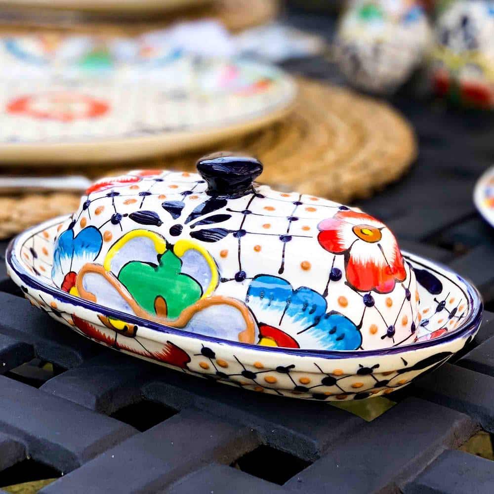 Handmade Mexican Floral Ceramic Butter Dish, 10-inch