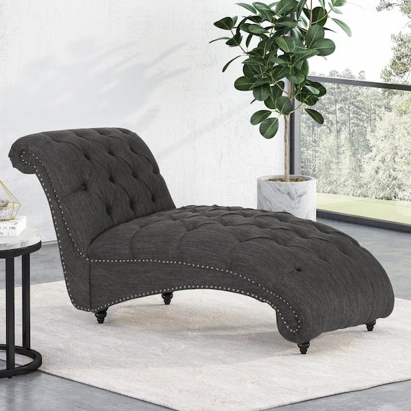 CHRISTOPHER KNIGHT HOME Charcoal Polyester Upholstered Button Tufted Armless Chaise Lounge with Nailhead, Elegant Birch Wood Turned Legs