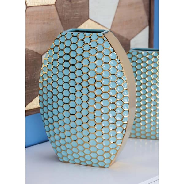 Litton Lane 16 in. Semi-Elliptical Blue and Gold Ceramic Decorative Vase