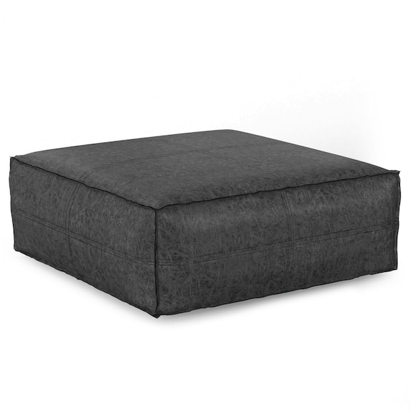 Simpli Home Brody Boho Square Pouf in Distressed Black Vegan Faux Leather
