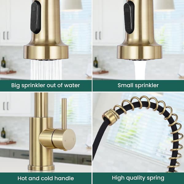 Single Handle 17.3 in. H Pull Down Sprayer Kitchen Faucet 360° Spout Swivel with Pull Out Spray in Brushed Gold