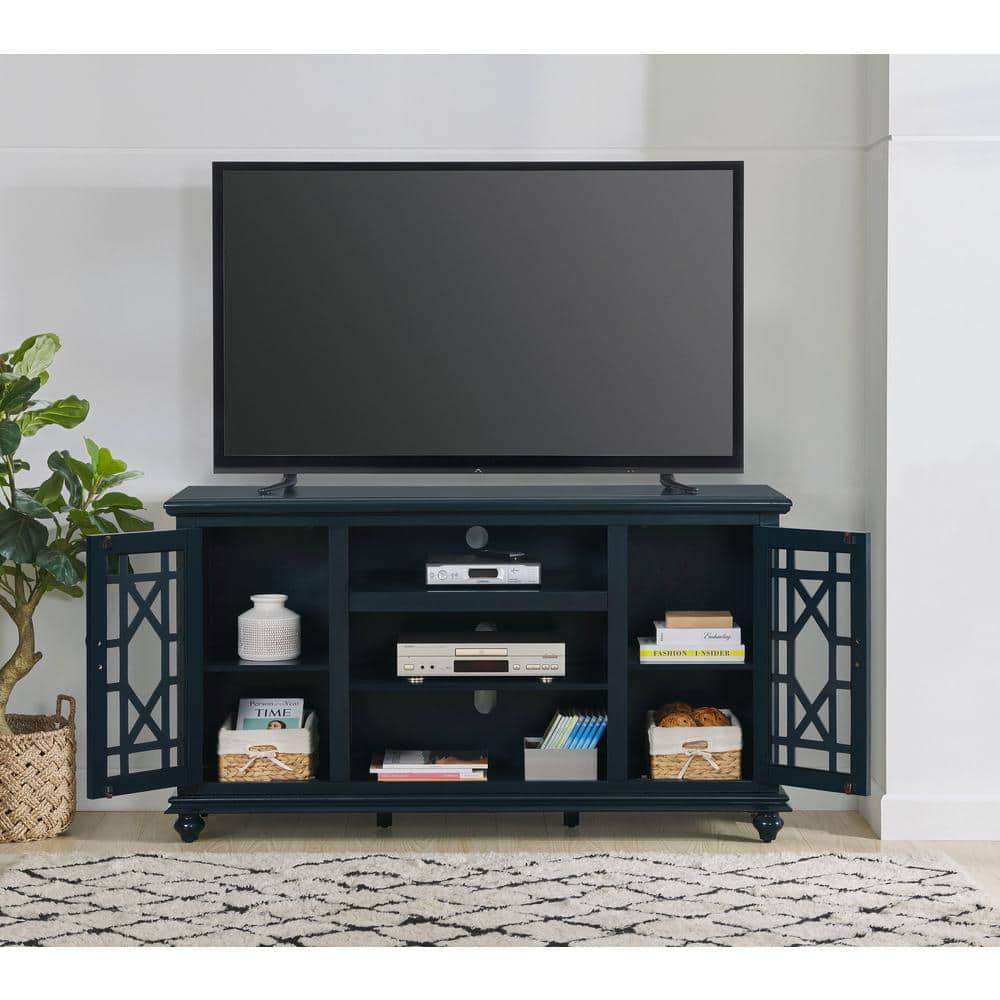 Catalina Blue Transitional 63" TV Stand with Trellis Glass Doors