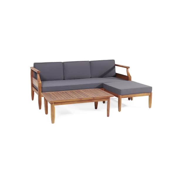 Noble House Sloane Teak 2-Piece Wood Outdoor Sofa Couch Conversation Set with Dark Grey Cushions