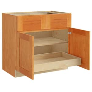 Hargrove Cinnamon Stain Plywood Shaker Assembled Base Kitchen Cabinet 1 rollout Soft Close 33 in W x 24 in D x 34.5 in H