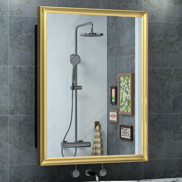 KeonJinn 21 in. W x 27 in. H Rectangular Aluminum Alloy Gold Framed Recessed/Surface Mount Medicine Cabinet with Mirror