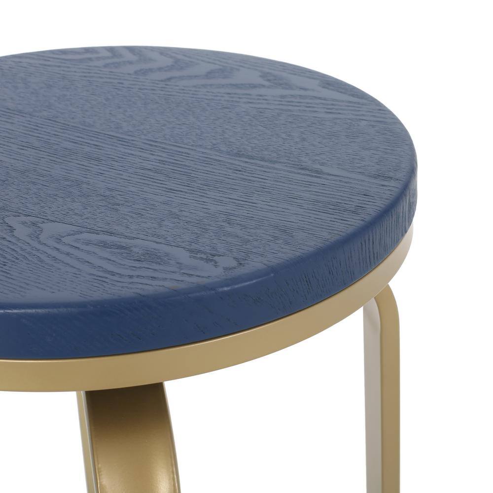Satin Blue Swivel Counter Stool with Faux Wood Seat and Gold Frame (Set of 2)