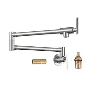 Brass Double Handle Wall Mount Pot Filler in Brushed Nickel