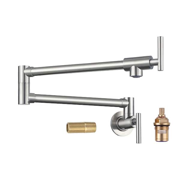 ARCORA Brass Double Handle Wall Mount Pot Filler in Brushed Nickel