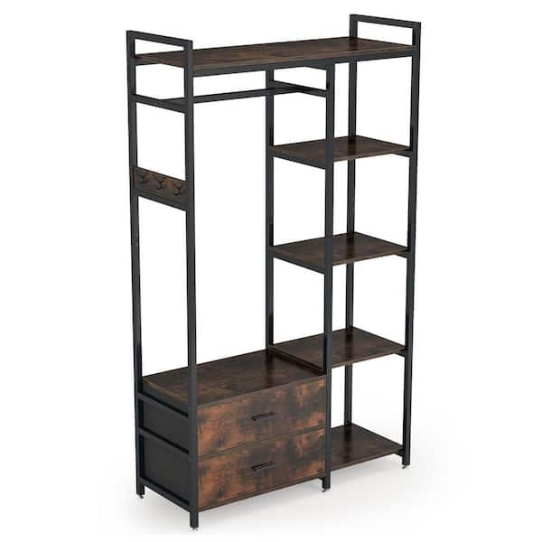 Rustic Brown Wood Clothes Rack with Shelves and 2 Drawers 41.7 in. W x 70 in. H, 5 Tier Closet Organizer Wardrobe Home