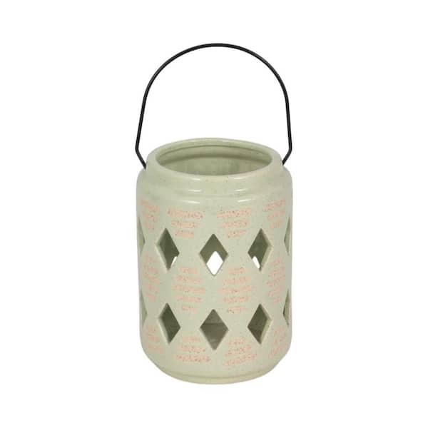 Liv & Skye 6 in. Green Ceramic Cylinder Lantern with Cut-Out Diamond Design