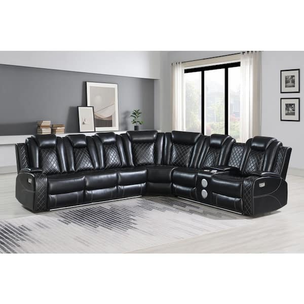 New Classic Furniture Orion II 78 in. Pillow Top Arm 3-Piece Faux Leather Power Sectional Sofa in Black
