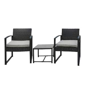 Black 3-Piece Rattan Wicker Patio Conversation Set Table and 2 Chair with Gray Cushions