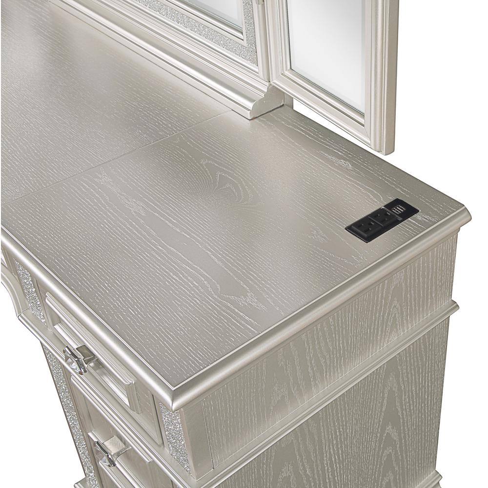 Evangeline Silver Oak 4-Drawer Vanity Table with Faux Diamond Trim