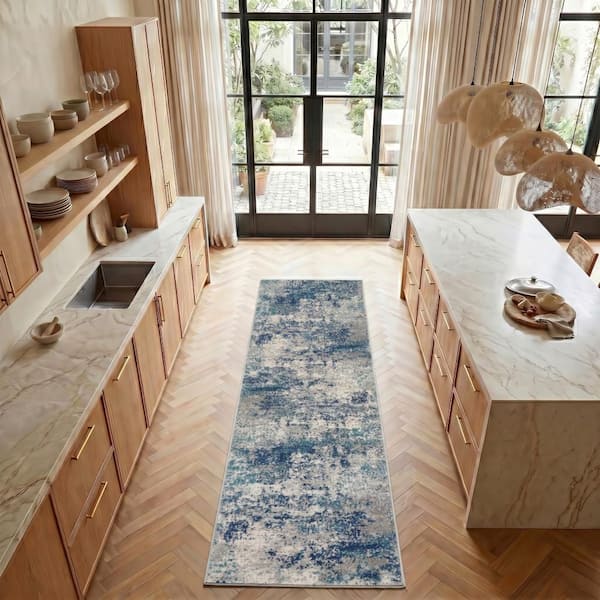 Passion Ivory Teal 2 ft. x 10 ft. Abstract Contemporary Runner Area Rug