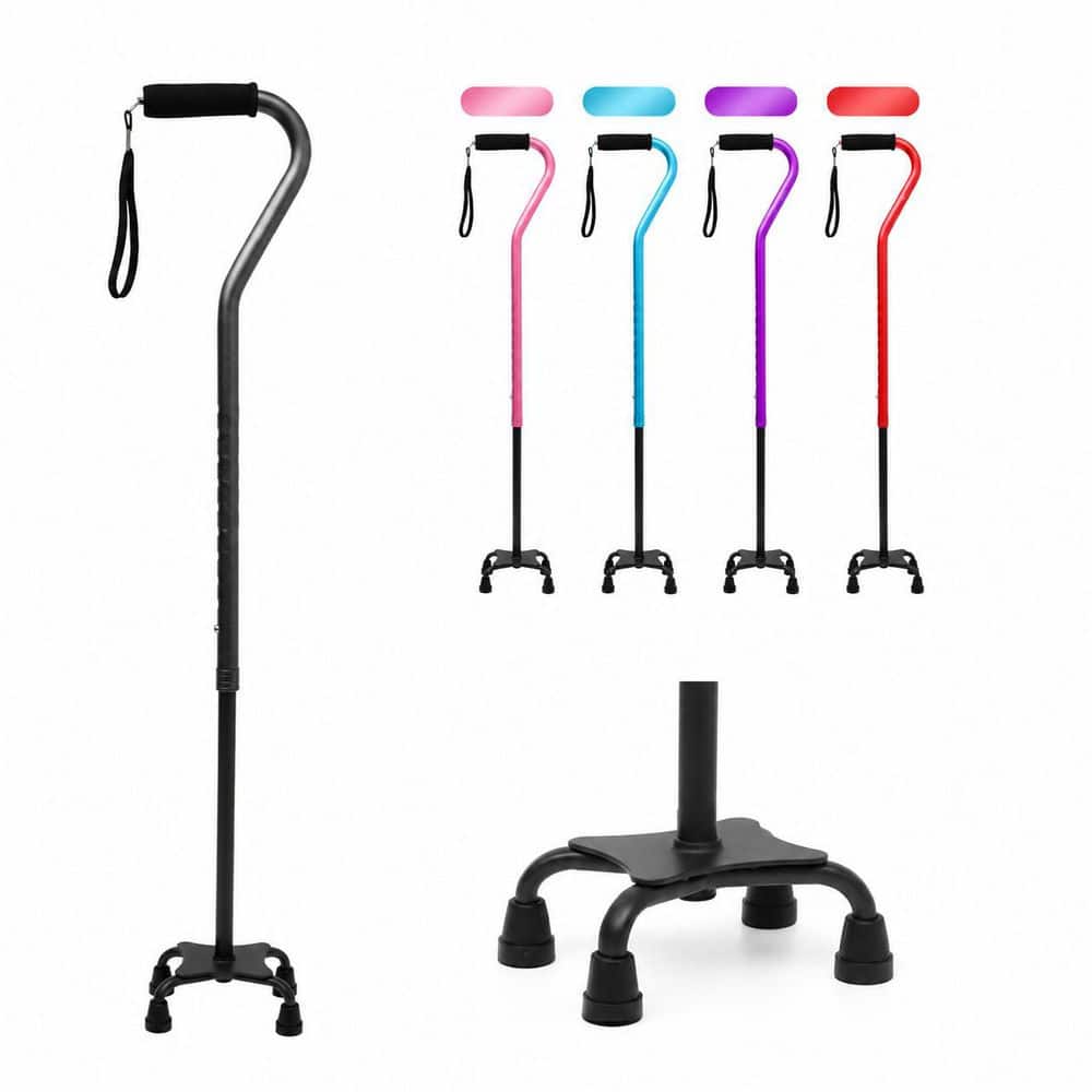 Adjustable Quad Cane with Soft Cushioned Offset Handle and 4-Pronged Feet in. Black Aluminum