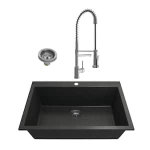 Campino Uno Metallic Black Granite Composite 33 in. Single Bowl Drop-In/Undermount Kitchen Sink withFaucet