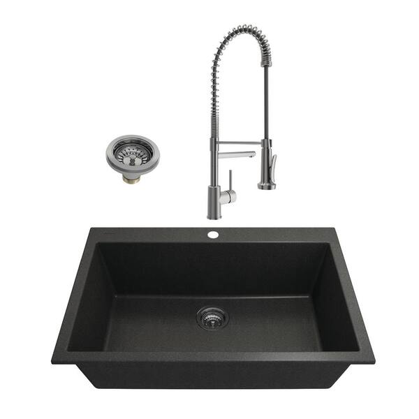 BOCCHI Campino Uno Metallic Black Granite Composite 33 in. Single Bowl Drop-In/Undermount Kitchen Sink withFaucet