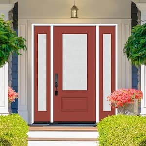 Legacy 64 in. x 80 in. 3/4 Lite Rain Glass LHOS Primed Morocco Red Finish Fiberglass Prehung Front Door dB 12 in. SL