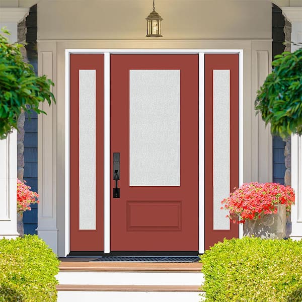 Legacy 68 in. W. x 80 in. 3/4 Lite Rain Glass RHIS Primed Morocco Red Finish Fiberglass Prehung Front Door Db. 14 in. SL