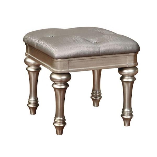 Benjara Silver 18 in. Wooden Vanity Stool with Turned Legs and Leatherette Upholstered Seat