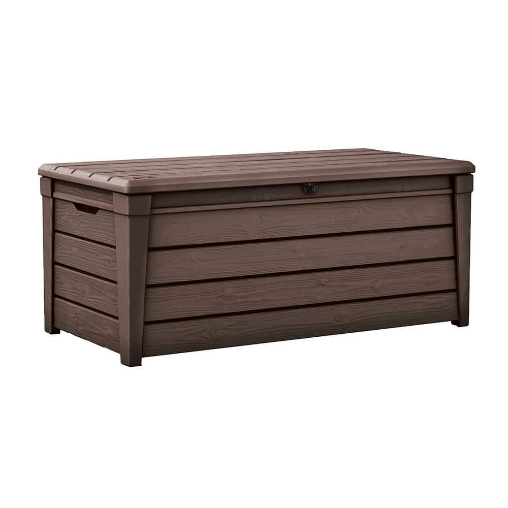 Keter Brightwood 120 Gal. Large Resin Deck Box for Patio Garden Furniture, Outdoor Storage Container, Brown