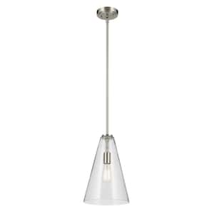 Everly 10.25 in. 1-Light Brushed Nickel Modern Shaded Cone Kitchen Hanging Pendant Light with Clear Seeded Glass