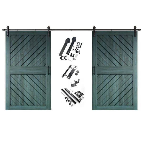 HOMACER XT3 42 in. x 84 in. C-Panel Royal Pine Slanted Stripe Design Double Pine Wood Sliding Barn Door with Hardware Kit