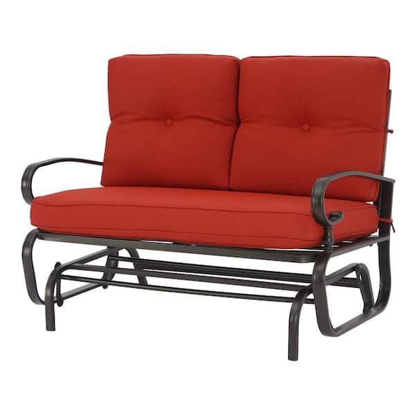 Phewnyzo 37 in. x 47.24 in. x 47.24 in. Outdoor Metal Rocking Glider Bench for 2 person 500lbs. with Comfortable Red Cushion
