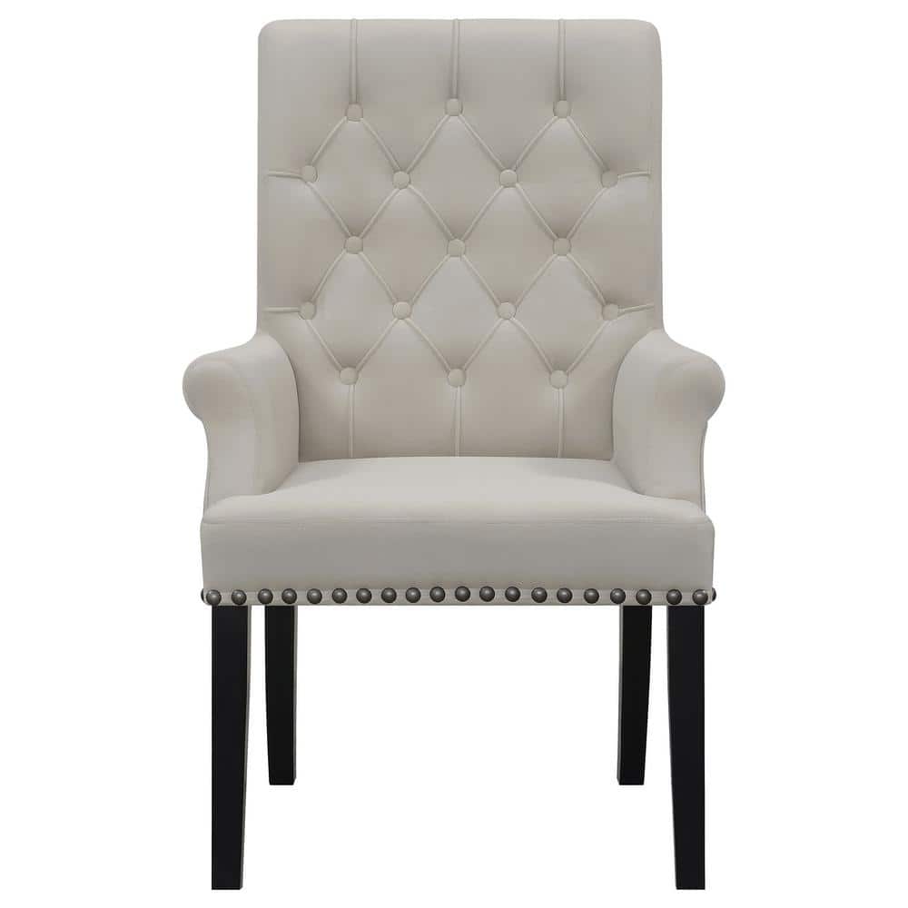 Beige Velvet Upholstered Traditional Arm Chair with Nailhead Trim