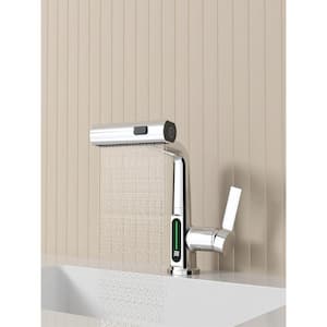 Single Handle Single Hole Bathroom Faucet with Deckplate Included and LED temperature display function in Zinc Chrome