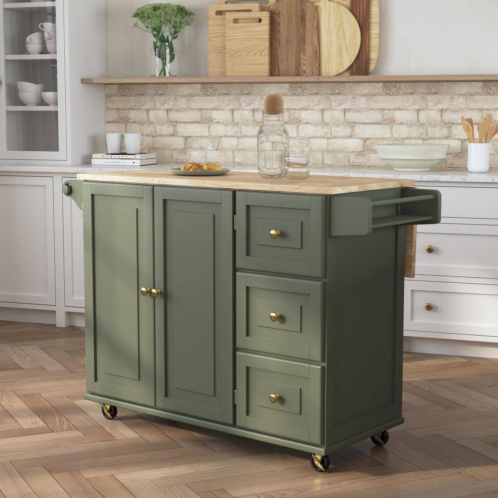 Sage Green Wood Kitchen Cart with Storage and Spice Rack