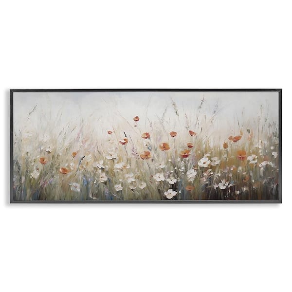 Neutral Poppy Blooms by Ramona Murdock Black Framed Giclee Art Print Nature 10 in. x 24 in.