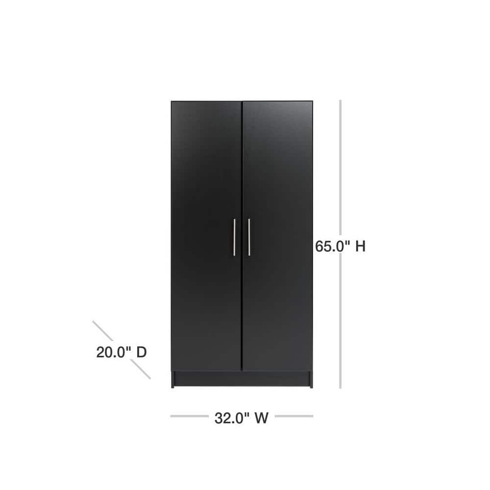 Elite Black 32" Freestanding Wardrobe Cabinet with Hanging Rail