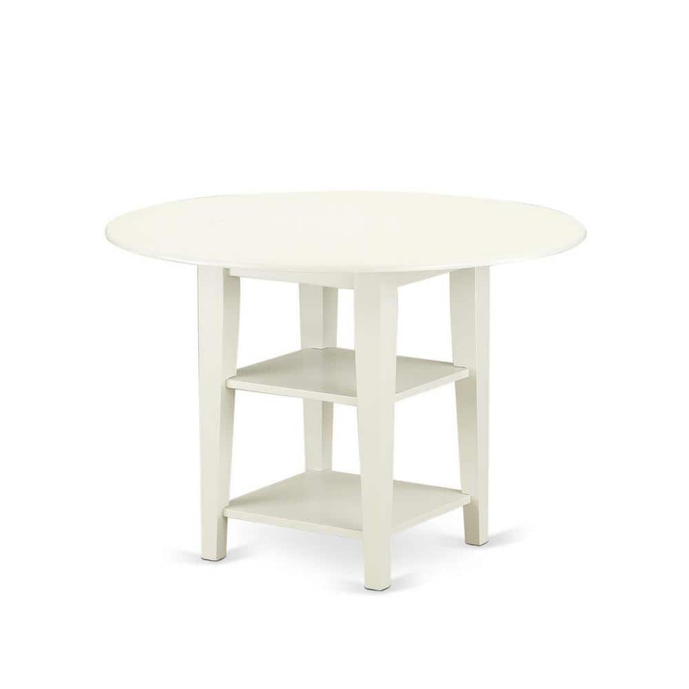 Linen White Round Dining Table Set with Navy Blue Faux Leather Chairs