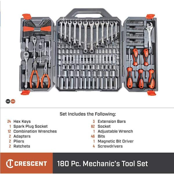 Crescent 1/4 in. and 3/8 in. Drive and 12-Point Standard and Deep SAE/ Metric Mechanics Tool Set with Case (180-Piece) CTK180 The Home Depot
