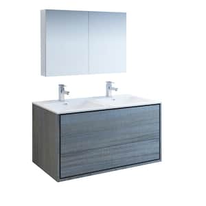 Catania 48 in. Modern Double Wall Hung Vanity in Ocean Gray with Vanity Top in White with White Basins,Medicine Cabinet