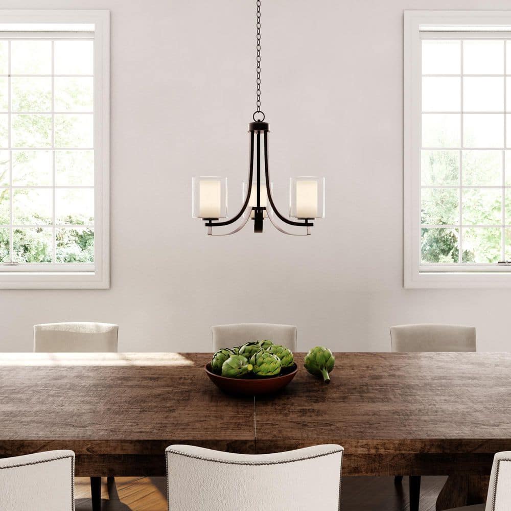 Smoked Iron Mini 3-Light Chandelier with Clear & Etched Glass