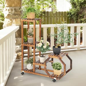 40.5 in. 6-Layer Outdoor Brown Wooden Plant Stand with Wheels for 6 Pots (6-tiered)