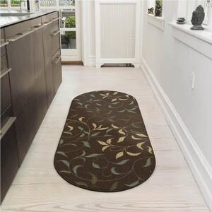 Ottohome Collection Non-Slip Rubberback Leaves Design 2x5 Indoor Oval Runner Rug, 1 ft. 8 in. x 4 ft. 11 in., Dark Brown