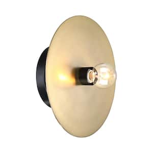 Harmoni 9 in. 1-Light Matte Black Wall Sconce Light with Brushed Gold Disk Accent for Bathrooms