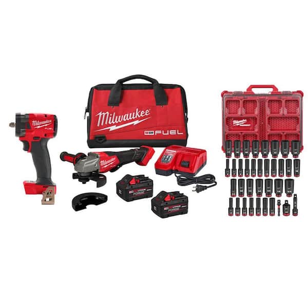 M18 FUEL 18V Cordless 4-1/2 in. /6 in. Grinder Kit w 3/8 in M18 FUEL Compact Impact Wrench w 36-Pc 3/8 in. PO Sockets
