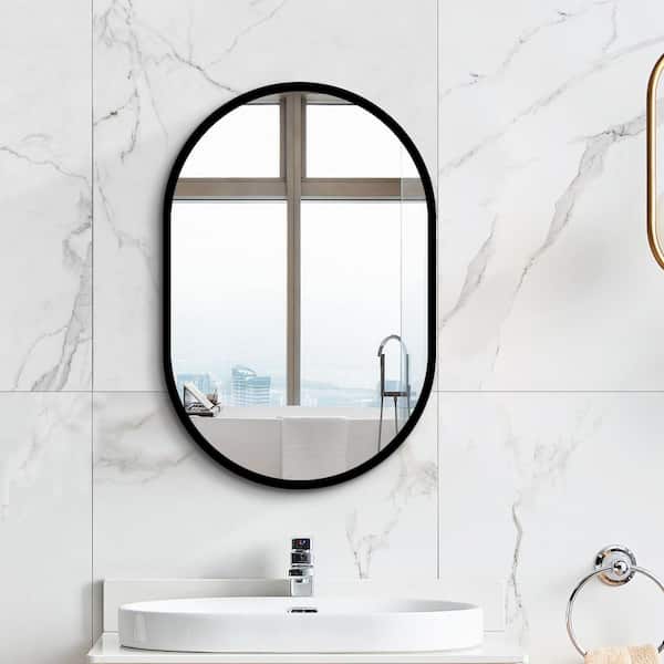 ASY 24 in. W x 36 in. H Oval Black Framed Wall Mount Medicine Cabinet with Mirror